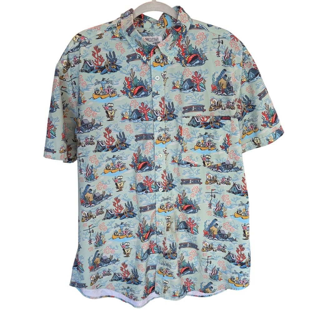 RSVLTS SpongeBob Camp Coral Shirt Mens XL Blue KUNUFLEX Short Sleeve Button Down